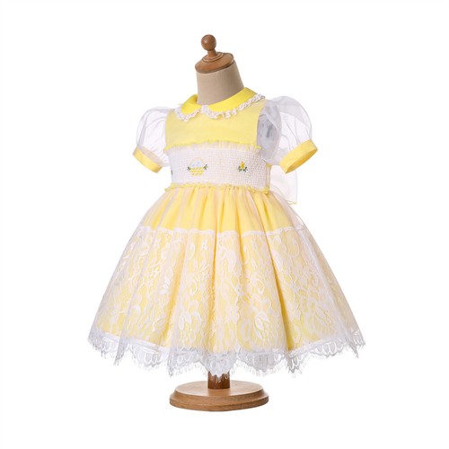Girls Yellow Organza Smocked Dresses Flower Girls Puff Sleeves Tulle Lace Dress - Picture 3 of 14