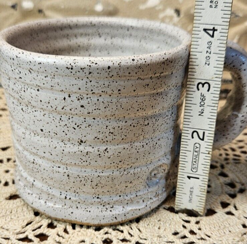 Stamped Boston Potter Off White Speckled Ribbed Pottery Coffee Tea Mug - Picture 9 of 10