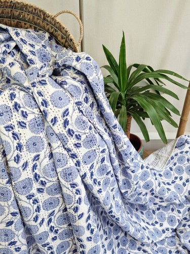 Indian Hand Block Print King Size Cotton Kantha Quilt Blanket Bedspread Throw - Picture 10 of 10