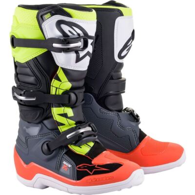 Alpinestars 2024 Tech 7S Jugend Motocross Stiefel grau rot gelb unscharf MX Kinder Quad