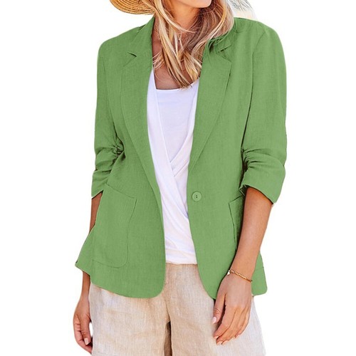 Damen Baumwolle Leinen einfarbig Freizeitjacke Anzug OL Arbeit Damen Kragen Knopf Blazer - Bild 7 von 18