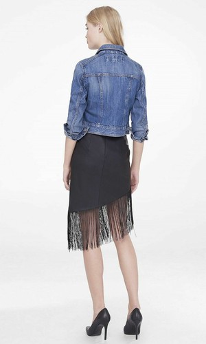Express Womens Black Faux Leather Assymetrical Hem Fringe Pencil Skirt - Picture 3 of 3