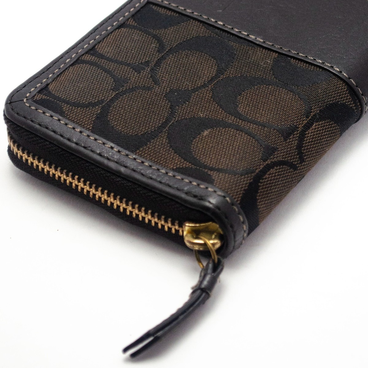 Coach Black Canvas Signature Leather Zip Round Long Wallet Women's