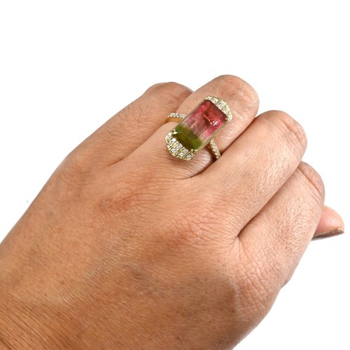 Water Melon Tourmaline Emerald Cut 5.92 Ct Ring In 14k Gold In Diamonds (54931) - Picture 4 of 5