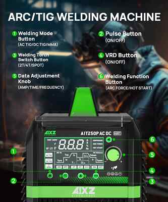 Tig Welder Aluminum 250A 220V AC/DC Pulse HF MMA/Stick Tig Welding Machine IGBT