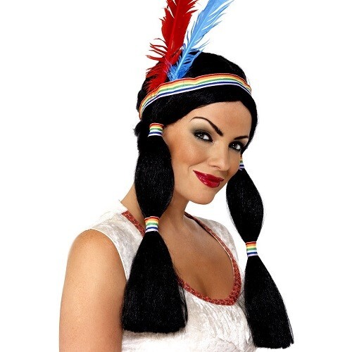 Native American Indian Princess Fancy Dress Wig Headband & Feathers by Smiffys - Picture 3 of 4