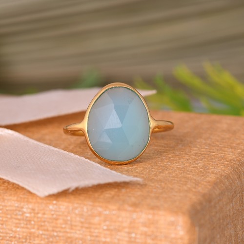 18k Yellow Gold Plated Aqua Chalcedony Gemstone Engagement Rings Gift For Her - Picture 2 of 11