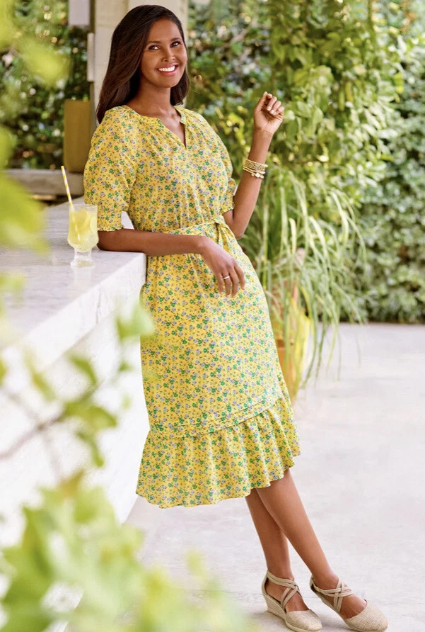 Talbots Yellow Floral Smocked Voile Fit Flare Dress Women s