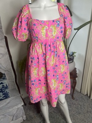 Lilly Pulitzer Kay Dress Pink Tigres Garden Puffy Sleeves 8 NWOT Resort Fashion