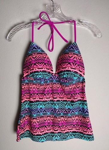 Hula Honey Neon Coral Turquoise Fuchsia Halter Tankini Tank Top Large - Picture 4 of 4