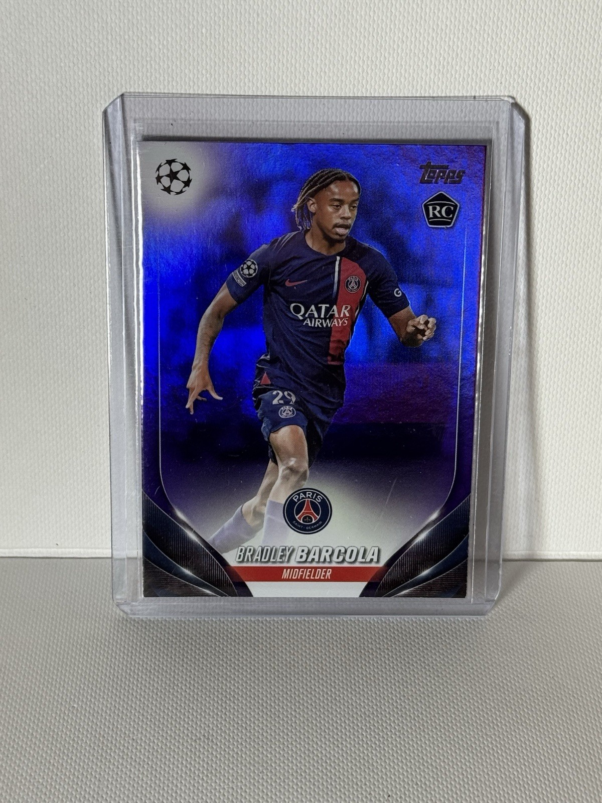 2024 Topps Chrome UEFA CL Bradley Barcola Blue Refractor Rookie #69 /299 PSG