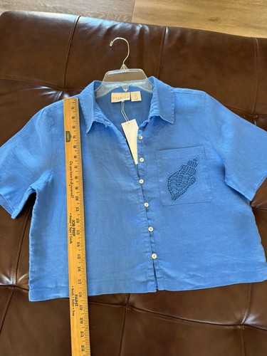CALYPSO Womens Blue Cropped Button Down Linen Shirt Blouse ~ Size S ~ New - Picture 6 of 13