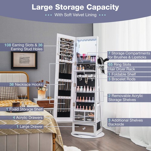 360° Lockable Swivel Jewelry Cabinet Floor Standing Armoire w/Full-Length Mirror - Picture 6 of 47