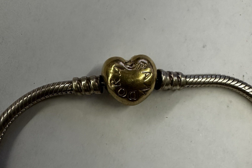 Bracelet Pandora Argent Cœur doré + boule fleur Maille Serpent Argent 925 18,70g - Photo 2/4