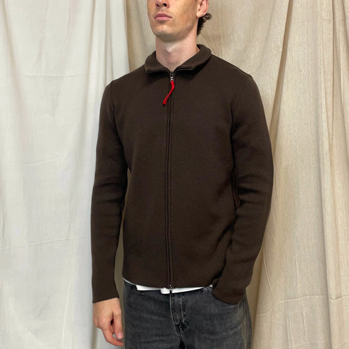 Prada Mens Wool Knit Zip Jacket Brown Mid Length Stand Up Collar Size XS - Picture 2 of 9