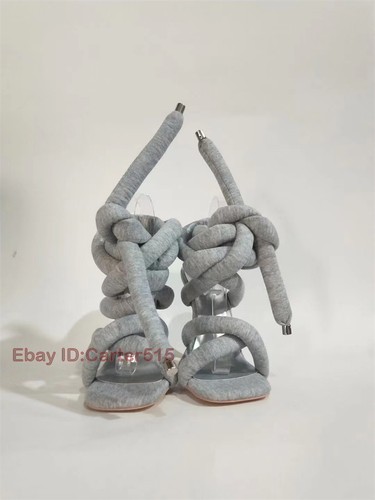 Sandalias grises plateadas con anillo para pies cuerda cinta moda paseo show mujeres zapatos - Imagen 23 de 36
