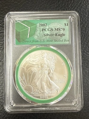 2002 Silver Eagle 1$ PCGS MS70 US Mint Sealed Monster Box Green Core