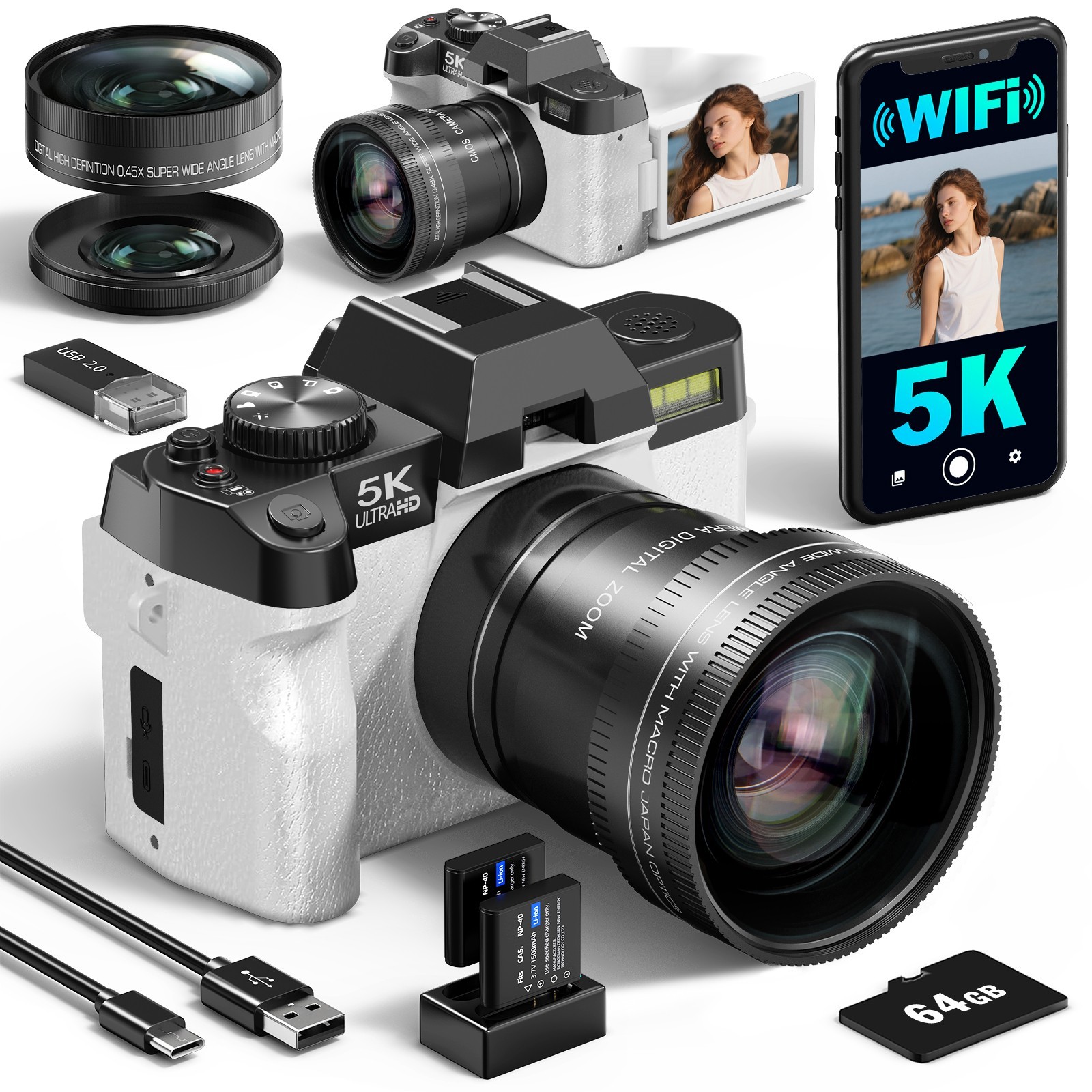 Digital Camera 5K 48MP 16X WIFI 32GB TF Microphone for YouTube tested working
