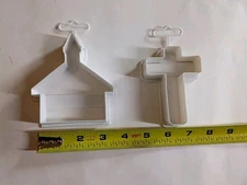 2 Religious Cookie Cutters Lot Church & Cross White Plastic Fox Run Craftsman 
