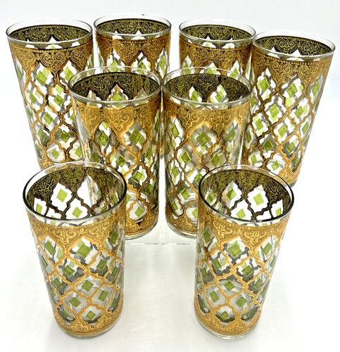 8 Vtg Culver Valencia Highball Glass Tumblers MCM 22K Gold Pattern Green Diamond - Picture 2 of 8