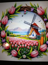 Printed Stamped Cross Stitch,Windmill in a Tulip Wreath, 11ct 40x40cm, 35 Colors