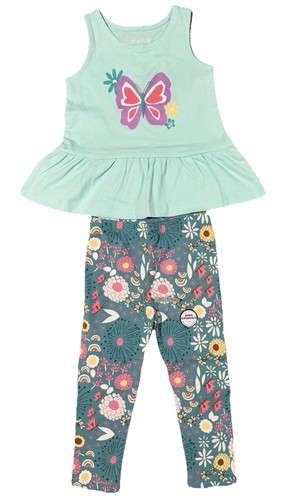 NWT Okie Dokie 2 Piece Teal Aqua Butterfly Bees Legging Tank Set Outfit 2T Girls - Picture 1 of 16
