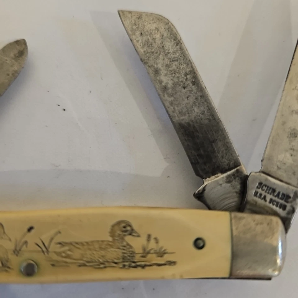 Navaja de Bolsillo Schrade SC505 Scrimshaw 3 Hojas Madera Patos Pato En Agua Foto 3 de 4