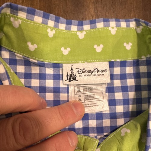 Disney Parks Gingham Button Down Shirt Mens Small Blue Mickey Mouse Long Sleeve - Picture 5 of 7