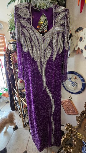 RIGHT CHOICE Vintage Kleid Langarm SILBER Perlen Pailletten Handarbeit auf Seide M! - Bild 2 von 22