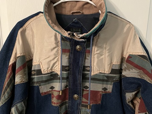 Giacca denim blu vintage usurata con toppa azteca sud-ovest taglia large - Foto 4 di 8