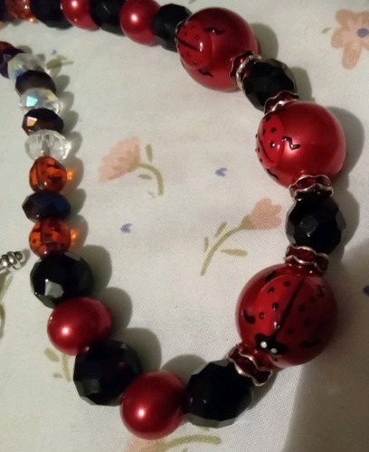 Murano Lady Bug lampworks Red,bk, White, Facet Crystals Necklace set 18" - Picture 7 of 9