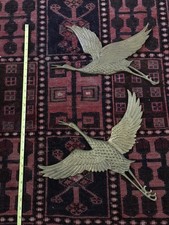 Large Midcentury Modern Solid Brass Antique Birds Heron Crane Wall Hanging Set