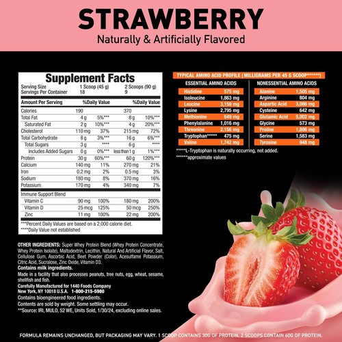 Body Fortress Whey Protein Powder Strawberry Immune Support 1.78 lbs - Picture 4 of 7