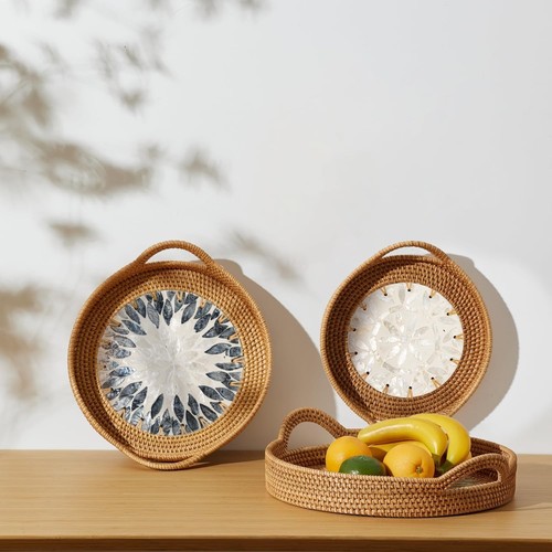 Round Rattan Tray Set (3-Piece) with Mother of Pearl Inlay & Wooden Base Wicker - Picture 6 of 8