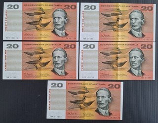 1966 Australia Consec run 5X$20.00 Coombs Wilson Banknotes Renniks R 301 EF