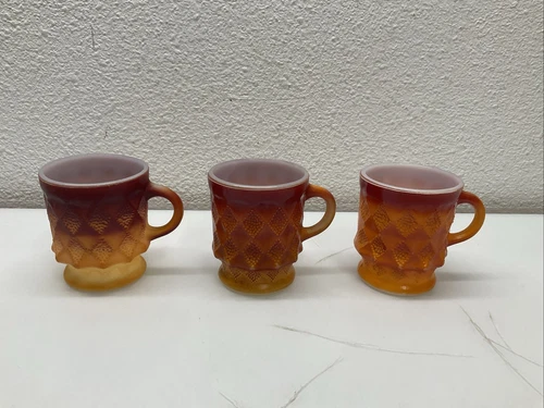 Set Of 3 Anchor Hocking Coffee Mug Fire King Orange Red Ombre Kimberly Diamond