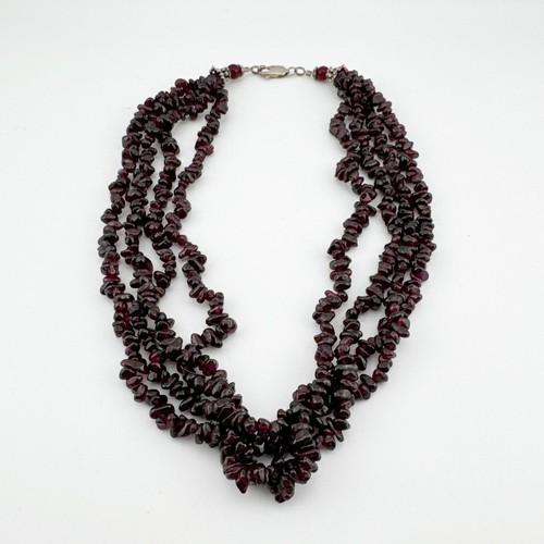 Vintage Sterling Silver Clasp Multi Strand Garnet Chip Bead Necklace Deep Red - Picture 6 of 8