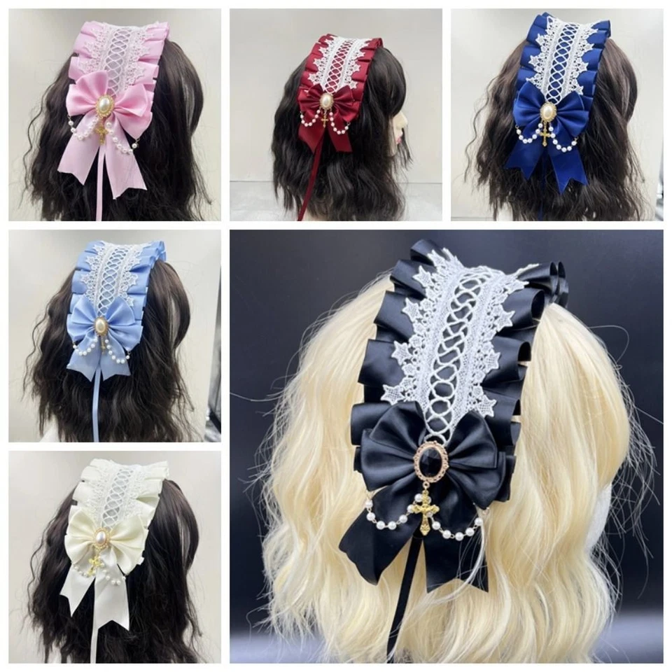 Ribbon Bow Ruffled Hairband Pearl Lolita Hair Clip  Masquerade Headpiece - Image 3 of 4