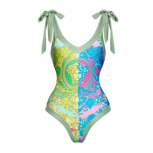 V-neck Color Matching Printed Swimwear Backless One-piece Blouse Swimsuit - Foto 13 di 14