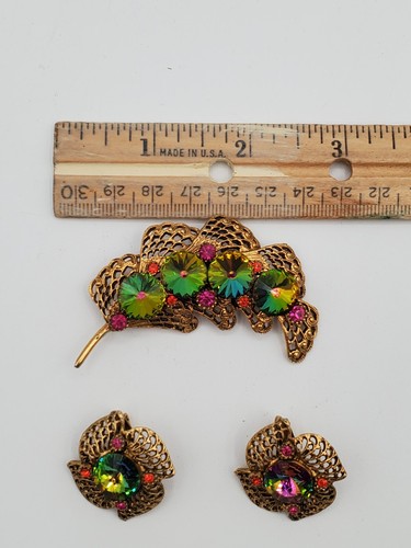 Vintage Wassermelone Rivoli Vitrail Kristall filigran Blatt Brosche & Clip Ohrringe - Bild 4 von 4