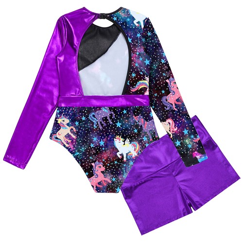 Girl Leopard Print Leotard with Shiny Boyshort Set Gymnastics Work Out Tracksuit - Picture 19 of 26