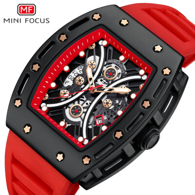 MINI FOCUS Men Rectangle Watch Waterproof Silicone Red Wristwatch Watches Males
