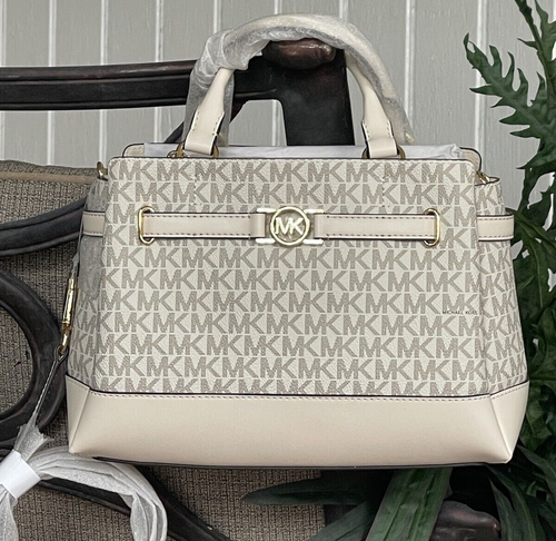 MICHAEL KORS REED SMALL BELTED SATCHEL CROSSBODY BAG TOTE MK CREAM LOGO LEATHER - Picture 5 of 12