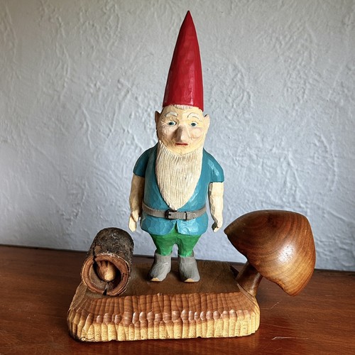 Vtg Handcarved Elf Gnome Mushroom Bunny Folk Art Figure By Wes Hanson. Signed - Picture 4 of 12