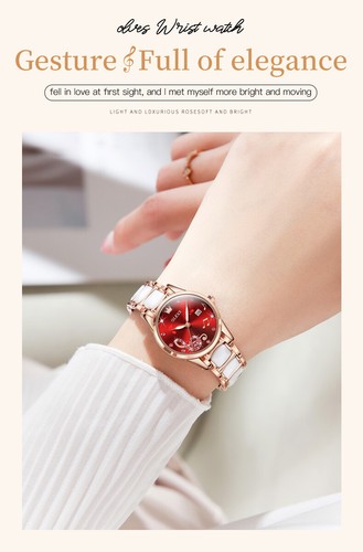 Damen Armbanduhr Keramik Stahlband Wasserdicht Leuchtender Kalender Quarzuhr - Bild 4 von 15