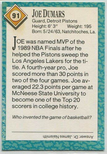 1989 Sports Illustrated for Kids Insert #91 Joe Dumars Detroit Pistons - Picture 2 of 2