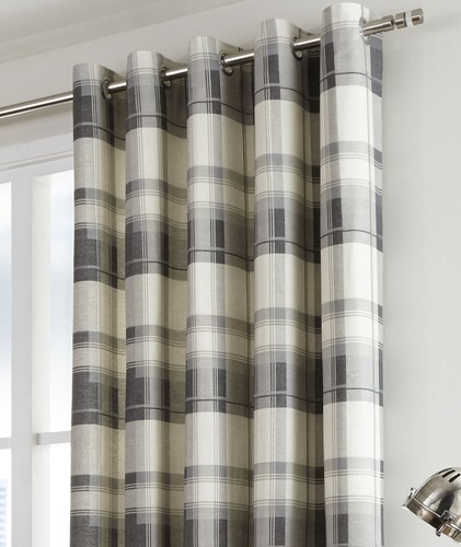 Eyelet Ring Top Lined Curtains Balmoral Check Slate Grey - Picture 3 of 7