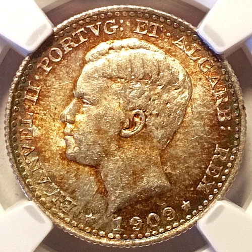 NGC MS63 - Portugal 100 reis 1909 coin (D. Manuel II; SILVER; Excellent toning!)
