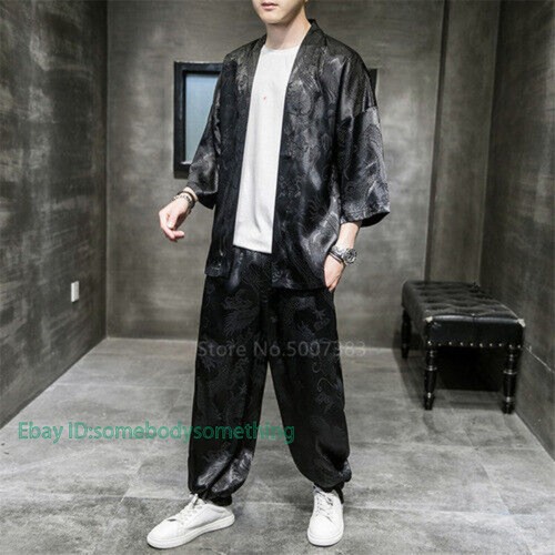 New Men's Japanese Kimono Set Fashion Summer Streetwear Dragon Embroidery - Picture 8 of 20