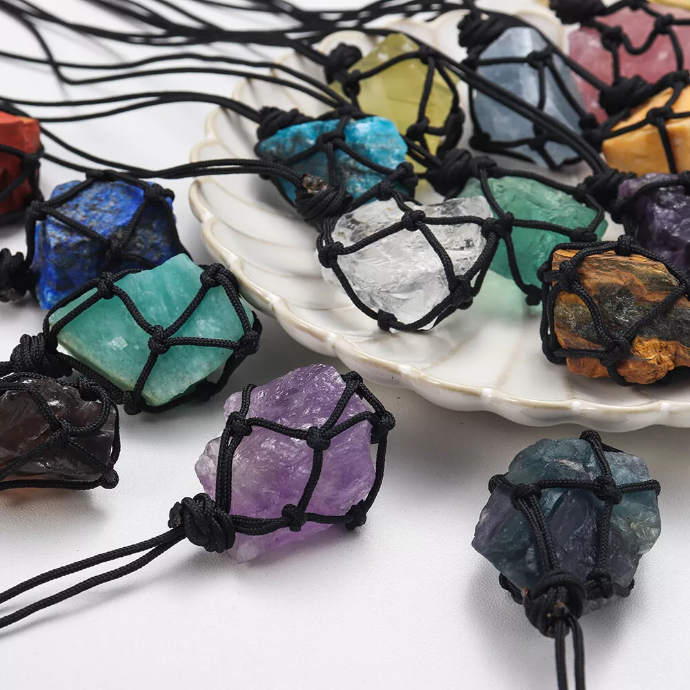 Natural Chakra Raw Stone Crystal Gem Pendant Necklace Wrap Braid